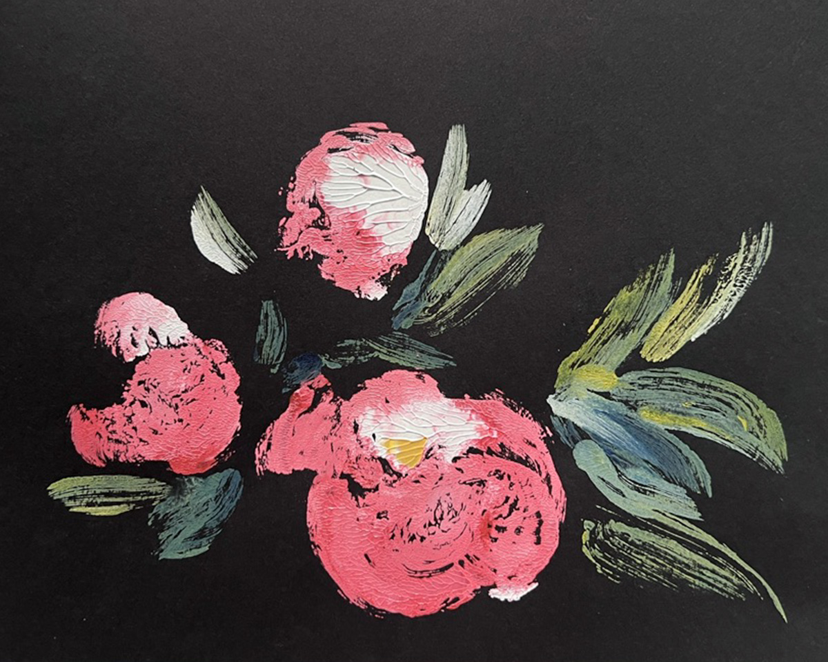 Acrylic florals on black — expressive mark-making from The Present Project